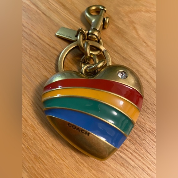 *NWOT* Coach XL Gold Heart Keychain with Rhinestone & Enamel Multicolor Stripes - Picture 3 of 4